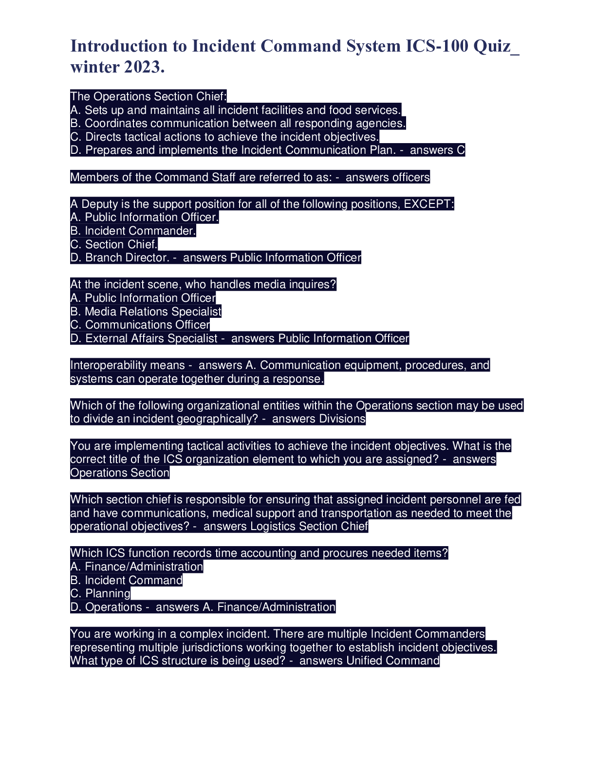Preview image for Introduction to Incident Command System ICS-100 Quiz_ winter 2023.